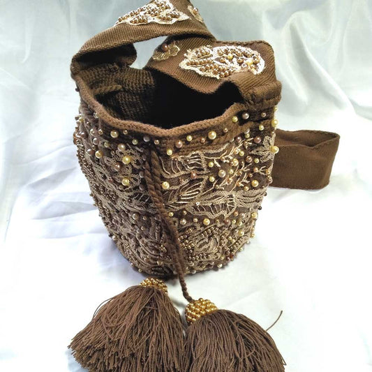 Mini Wayuu Bag - Chocolate Brown & Silver | Handwoven Colombian Mochila