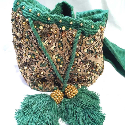 Mini Wayuu Bag - Emerald Green & Gold | Handwoven Colombian Mochila
