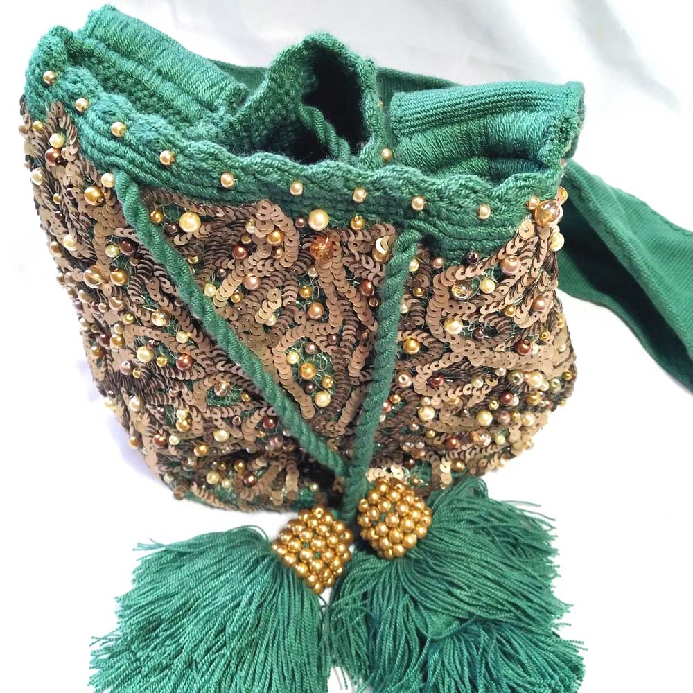 Mini Wayuu Bag - Emerald Green & Gold | Handwoven Colombian Mochila