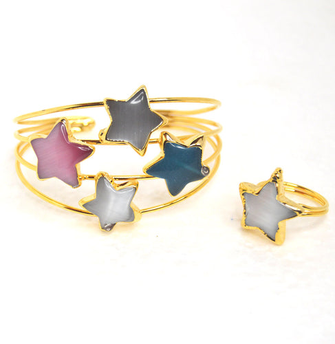 22k Gold-Plated Brass Bracelet and Ring Set with Agate Stars