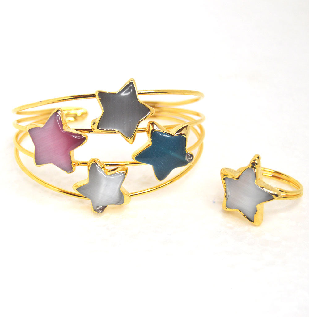 22k Gold-Plated Brass Bracelet and Ring Set with Agate Stars