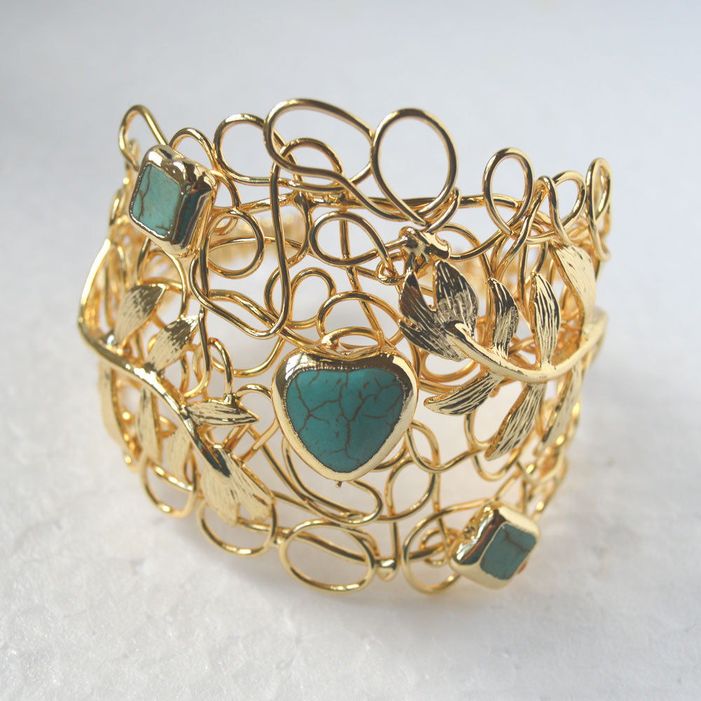 Wire Cuff Gold-Filled Bracelet with Real Turquoises
