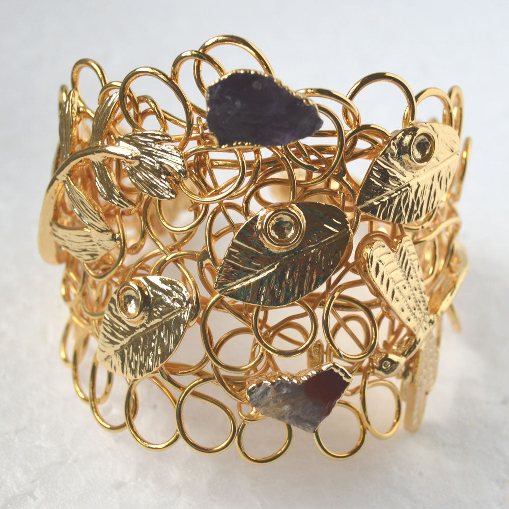 Wire Cuff Gold-Filled Bracelet with Amethysts, Leaves, and Dragonfly