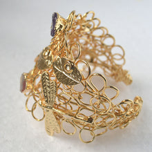 Load image into Gallery viewer, Wire Cuff Gold-Filled Bracelet with Amethysts, Leaves, and Dragonfly Side

