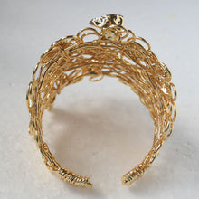 Load image into Gallery viewer, Wire Cuff Gold-Filled Bracelet with Amethysts, Leaves, and Dragonfly Back
