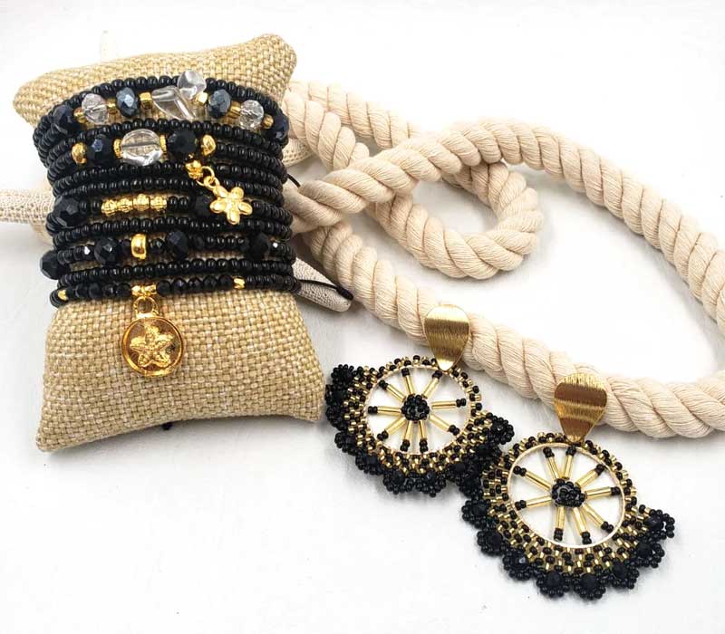 Black and Gold Chic Handwoven Earrings and Layering Czech Crystal Bracelet Set 