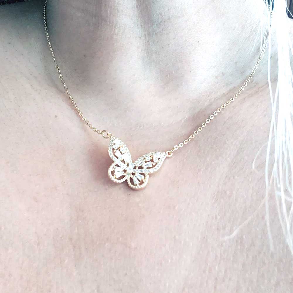 CZ Butterfly Pendant Stainless Steel Necklace Detail