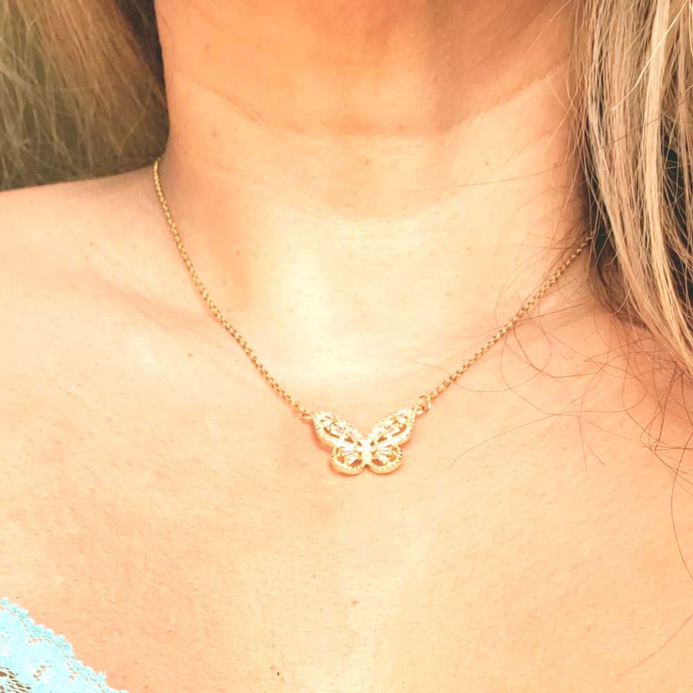 CZ Butterfly Pendant Stainless Steel Necklace
