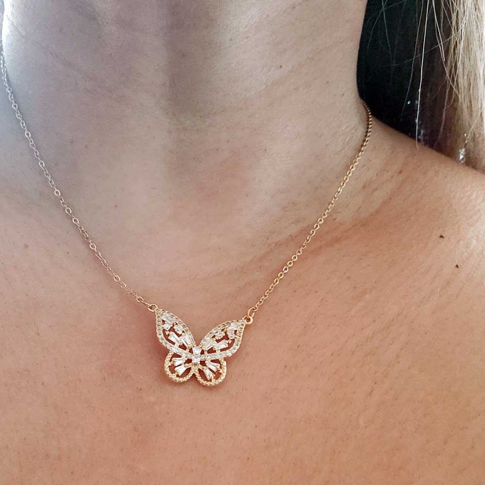 CZ Butterfly Pendant Stainless Steel Necklace