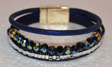 Load image into Gallery viewer, Multi Strand Blue Leather Bracelet with Czech Crystal Beads and Rhinestones
