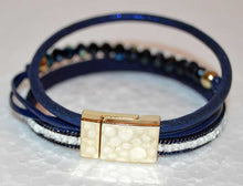 Load image into Gallery viewer, Multi Strand Blue Leather Bracelet with Czech Crystal Beads and Rhinestones
