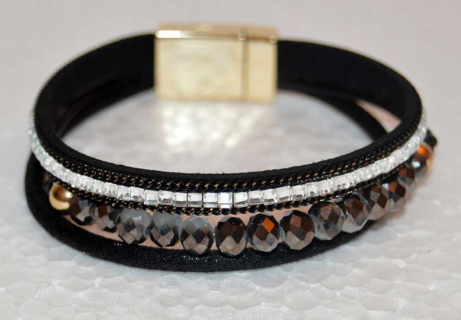 Multi Strand Black Leather Bracelet with Czech Crystal Beads and Rhinestones
