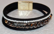 Load image into Gallery viewer, Multi Strand Black Leather Bracelet with Czech Crystal Beads and Rhinestones
