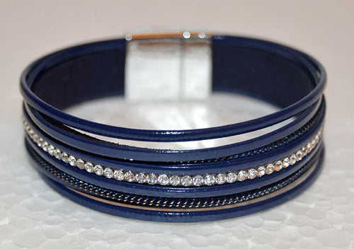 Multi Strand Blue Leather Bracelet with Rhinestones