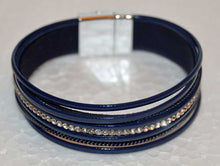 Load image into Gallery viewer, Multi Strand Blue Leather Bracelet with Rhinestones
