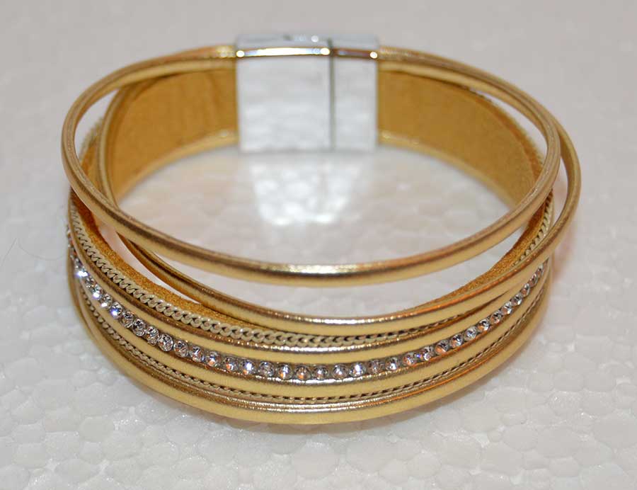 Multi Strand Gold Leather Bracelet with Rhinestones