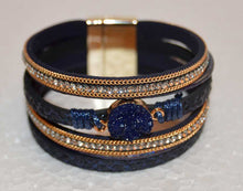Load image into Gallery viewer, Multi Strand Blue Leather Bracelet Rhinestones and a Druzy
