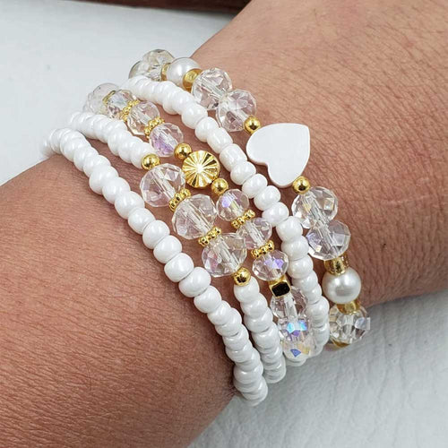 Czech Crystal Five White Bracelets Set with Heart