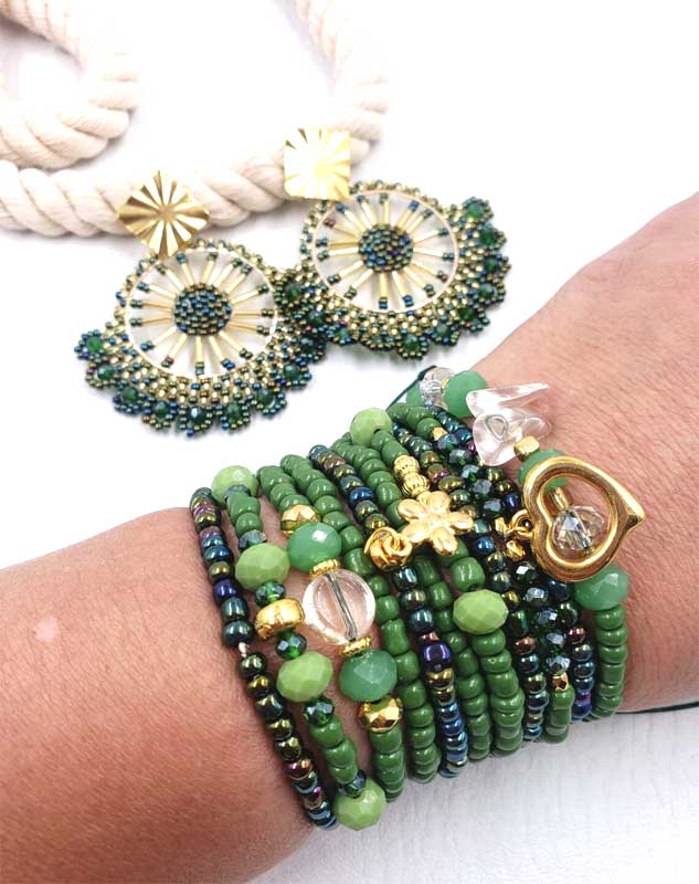 Olive Green and Gold Chic Handwoven Earrings and Layering Czech Crystal Bracelet Set - Saint Patrick