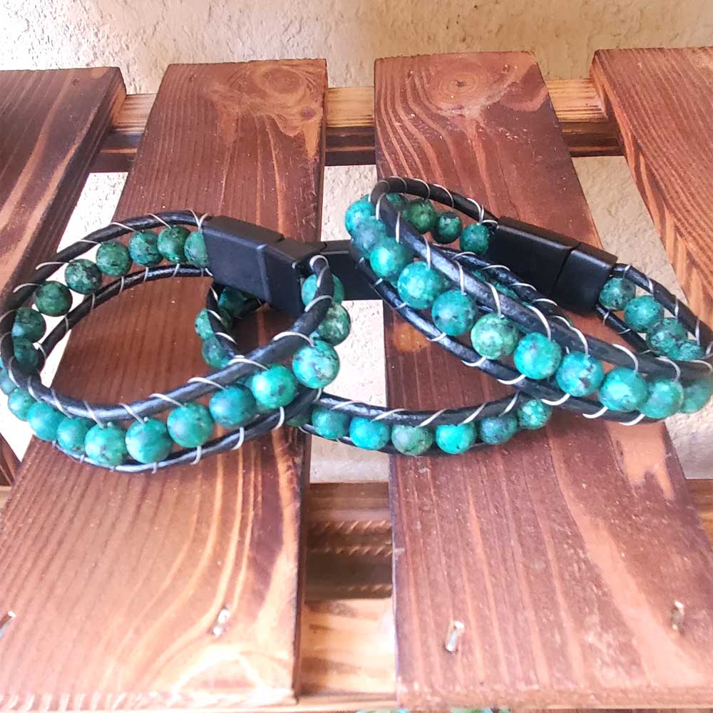 Men Hipster Matte Malachite Leather Bracelet