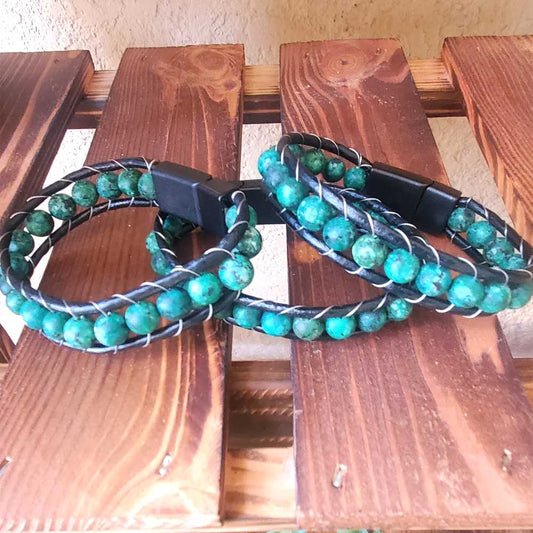 Men Hipster Matte Malachite Leather Bracelet