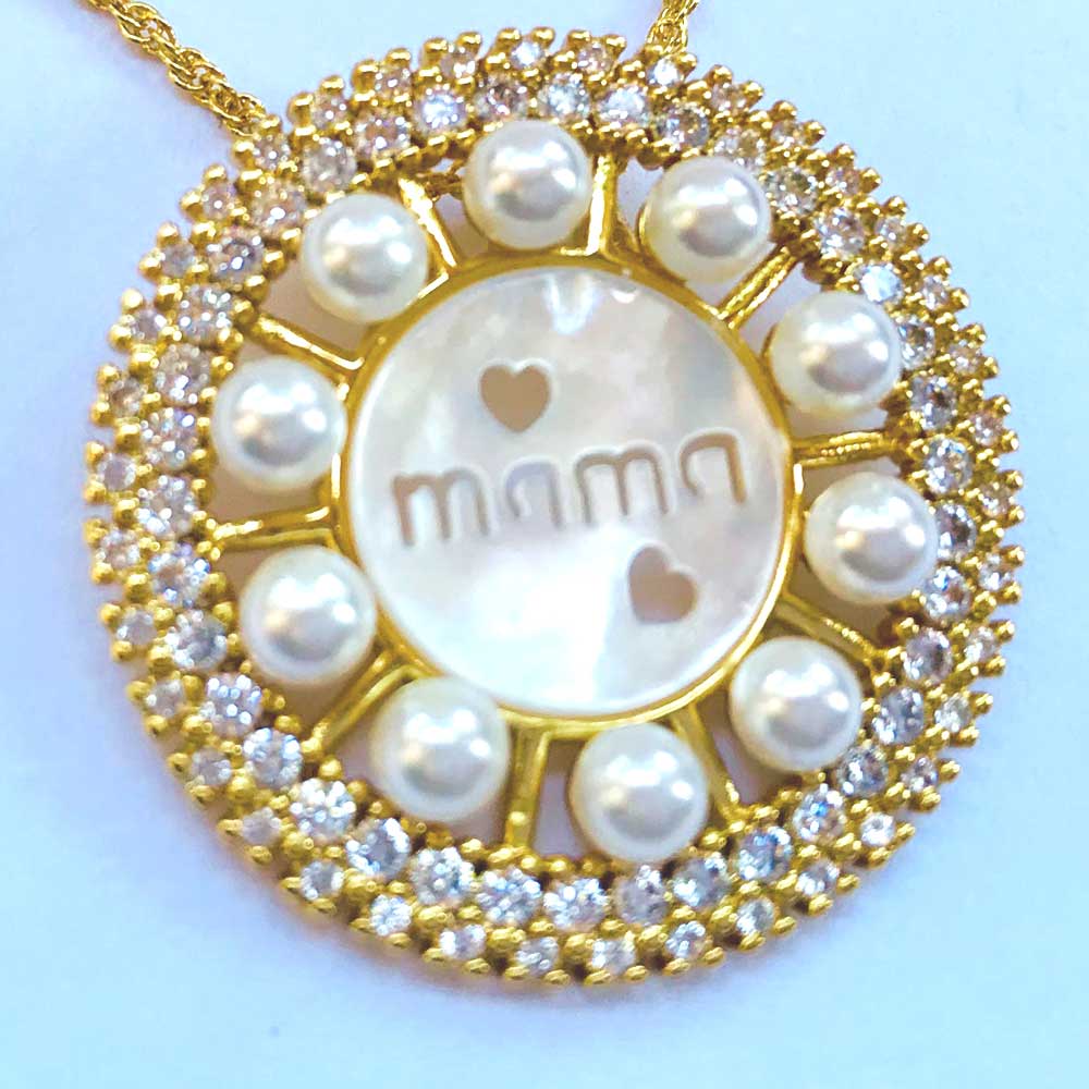 Gold-plated CZ Mother of Pearl 'Mama' Pendant Necklace
