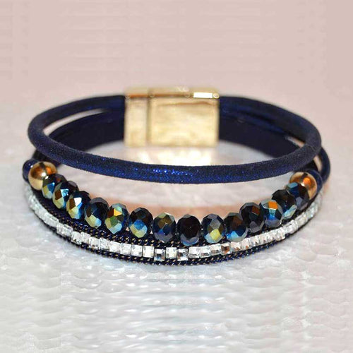 Multi Strand Blue Leather Bracelet with Czech Crystal Beads and Rhinestones