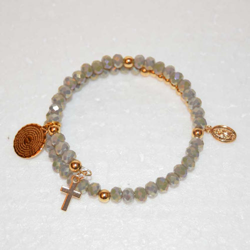 Gray Opal Crystal Small Cross Memory Wire Rosary Bracelet