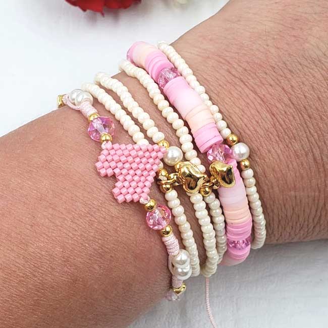 Czech Crystal and Polymer Pink Bracelets Set