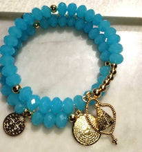 Load image into Gallery viewer, Memory Wire Aquamarine Crystal and Virgin of the Valley Bracelet
