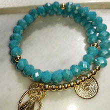 Load image into Gallery viewer, Memory Wire Aquamarine Crystal and Virgin of the Valley Bracelet
