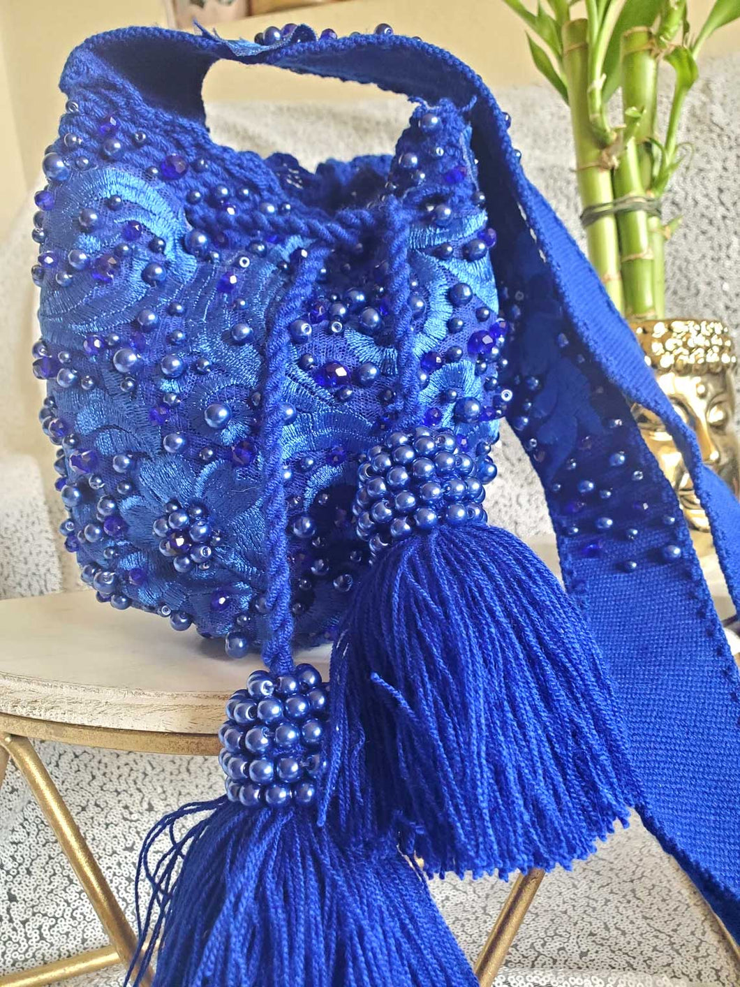 Hand Embroider Wayuu Bag in Royal Blue - Small size