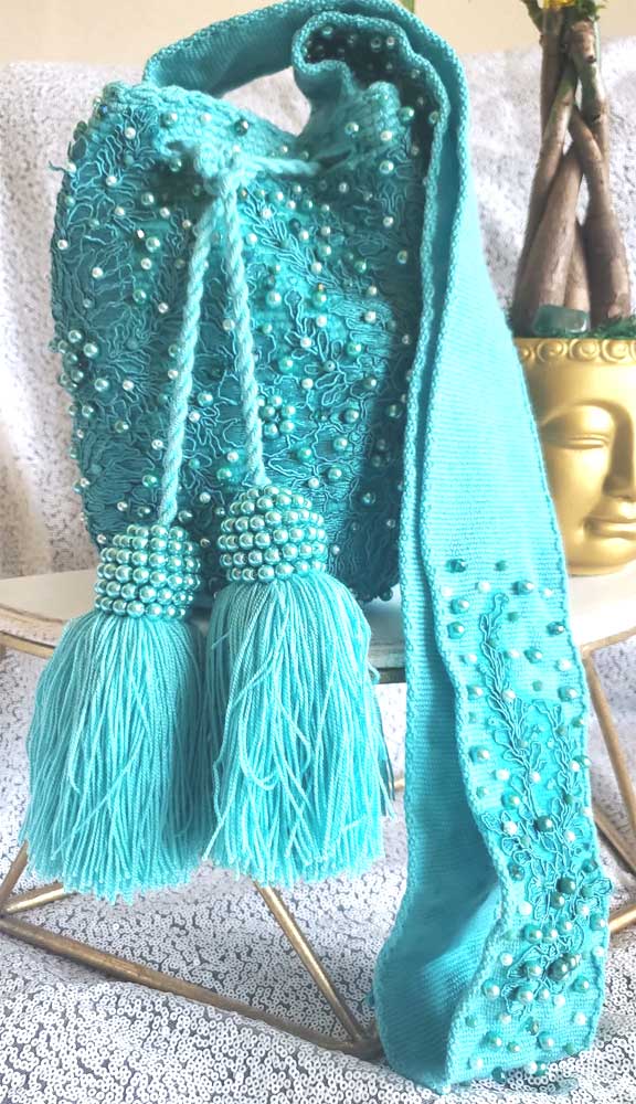 Hand Embroider Wayuu Bag in Turquoise - Medium size