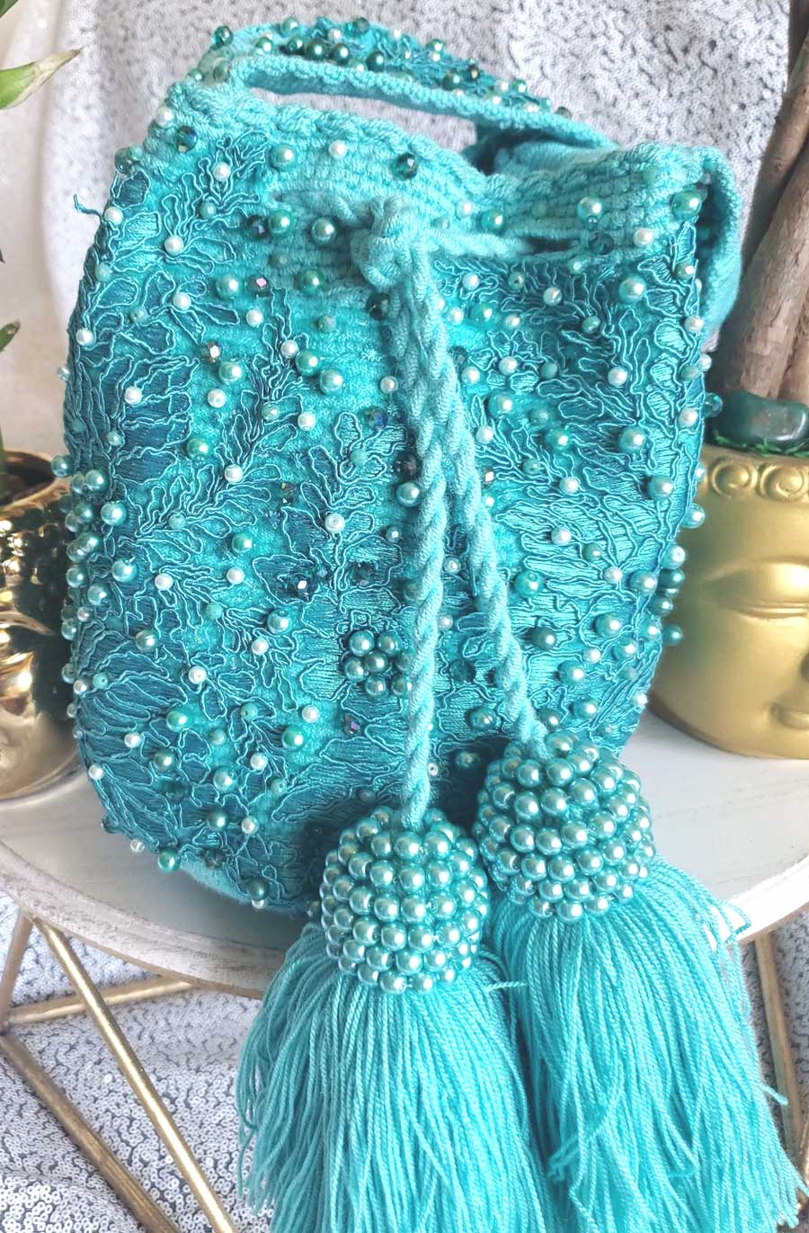 Hand Embroider Wayuu Bag in Turquoise - Medium size